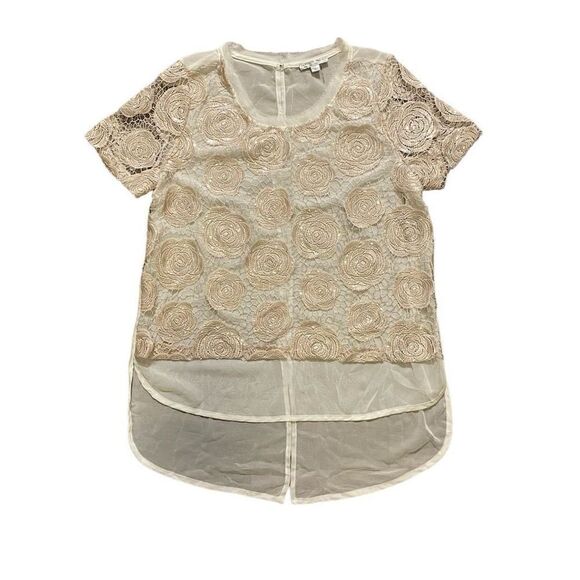 Alberto Makali Sheer White Chiffon Rose Gold Sequined Lace Appliqué Blouse | Siz - Picture 1 of 5